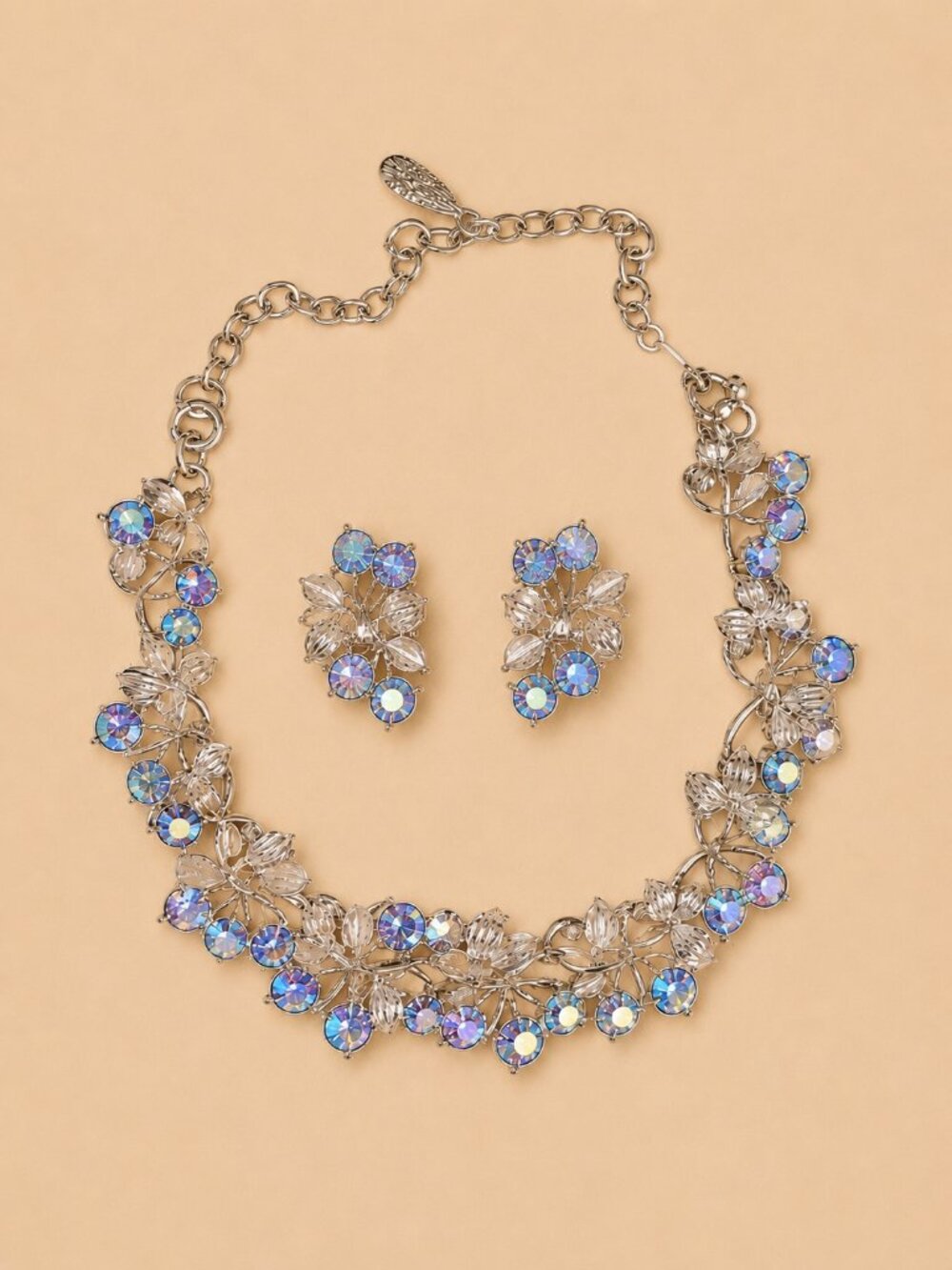 Vintage Signed Coro Aurora Borealis Rhinestone Necklace & Clip Earrings Set